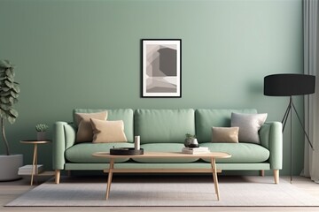 interior background apartment trendy empty sofa indoor carpet simple contemporary light luxury cosy. Generative AI.