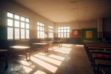 Early morning empty classroom and corridor with sunlight / School life, academy location, youth, nostalgia / 3D rendering. Generative AI