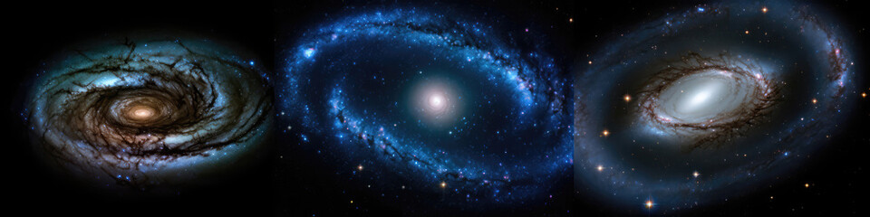 Fototapeta na wymiar Galaxy Cluster, Spiral And Elliptical Galaxies, Deep Space. Panorama Banner. Generative AI