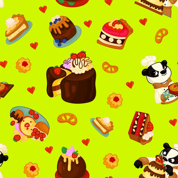 Vector seamless pattern with sweets, pastries and berries. Cakes and biscuits on coasters, cookies with crumbs, croissants, chocolate muffins hand drawn seamless background