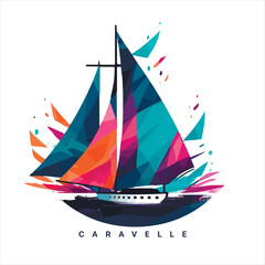 Sailing boat on the water, vector logo, colored caravelle emblem.