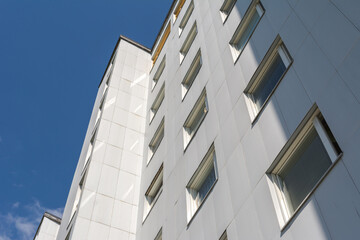 Facade of a modern apartment building complex in Swedish suburbs Hisingen in northern Gothenburg.