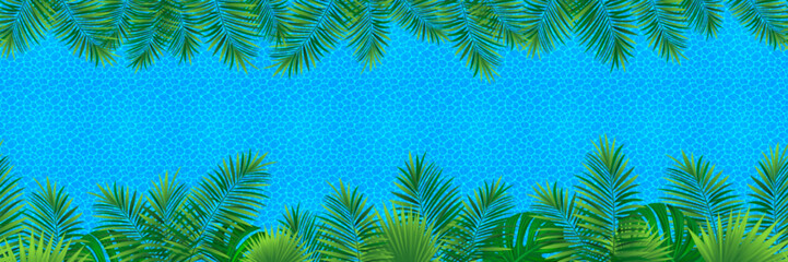 Fototapeta na wymiar Tropical seamless border frame vector illustration. Rainforest foliage repeated wallpaper. Swimming pool endless pattern. Jungle plants template banner with tropic palm leaf and aquatic texture