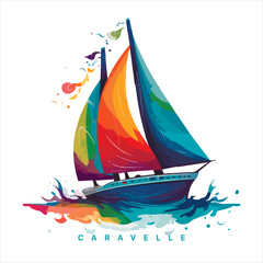 Sailing boat on the water, vector logo, colored caravelle emblem. © serdjo13