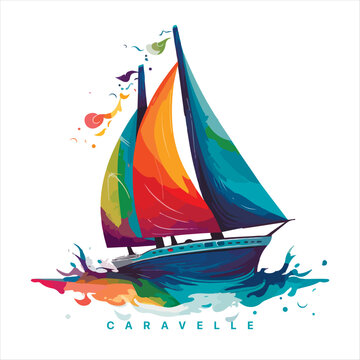 Sailing boat on the water, vector logo, colored caravelle emblem.
