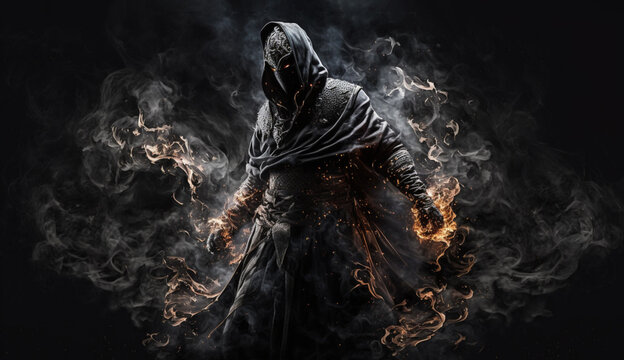 Fototapeta Gothic fantasy knight in a dramatic pose, fire and smoke in a dramatic location gaming art 3D illustration. gaming art background. Ai