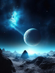 Mystic Surreal Space Landscape. Surreal landscape of the planets in space. Generative AI.