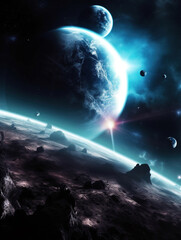 Naklejka premium Mystic Surreal Space Landscape. Surreal landscape of the planets in space. Generative AI.