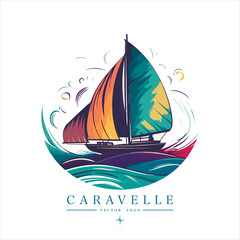 Sailing boat on the water, vector logo, colored caravelle emblem.