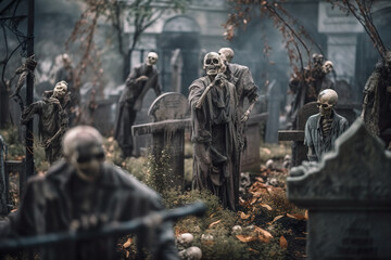 A group of undead unquiet zombie skeletons in a cemetery. AI generative Halloween display.