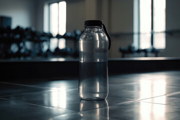 Sports Water Bottle Against The Background Of Fitness Room. Generative AI