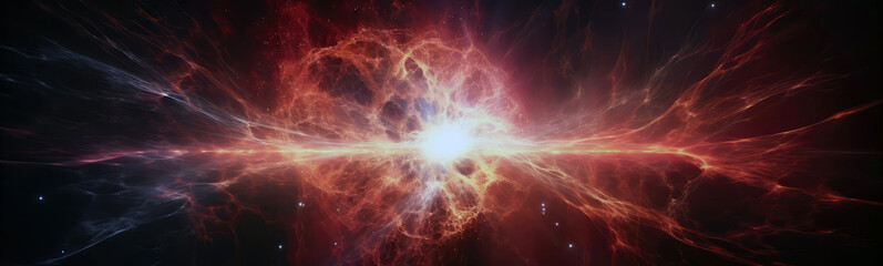 Naklejka premium Supernova Explosion, Bright Light, Cosmic Phenomenon. Panoramic Banner. Generative AI
