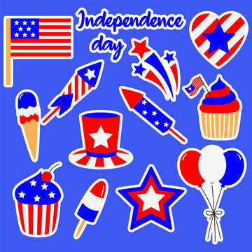 American Independence Day. US flag, star, cupcakes, fireworks, ice cream and heart stickers collection. 4th july celebration.