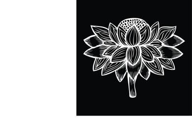 A black and white lotus flower with a round leaf on the top.