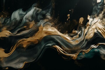 A contemporary watercolor texture with abstract black waves and gold splashes, suitable for cards, invitations, wedding design, or menus. Generative AI
