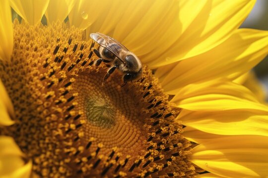 AI-generated fluffy bee on a sunflower. Generative AI