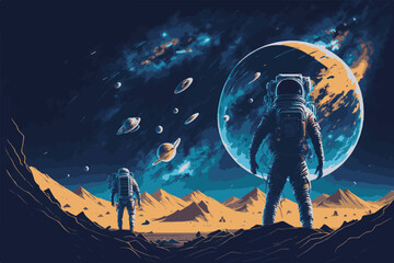 Astronaut in space. Astronaut In a space suit on the planet. Vector illustration of an astronaut.