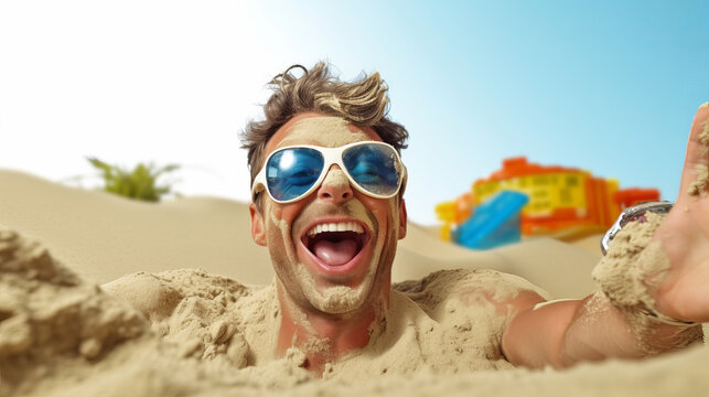 A man with a funny expression taking a sand bath on a summer beach. - Generative Ai