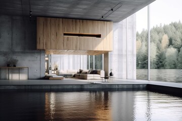 Beautiful modern house  architecture with concrete and wood walls, water around, in the middle of nature. Generative Ai