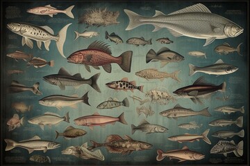 Old sea poster with fish collection, 19th century style. Retro marine biology. Generative AI