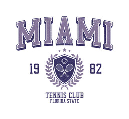 Miami, Florida tennis club t-shirt design. College style tee shirt with tennis ball, racquet and college shield. Sport apparel print. Vector illustration. - obrazy, fototapety, plakaty