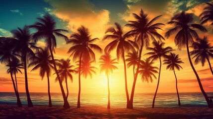 Obraz na płótnie Canvas Sunset on the beach, palm tree silhouettes, - Generative Ai