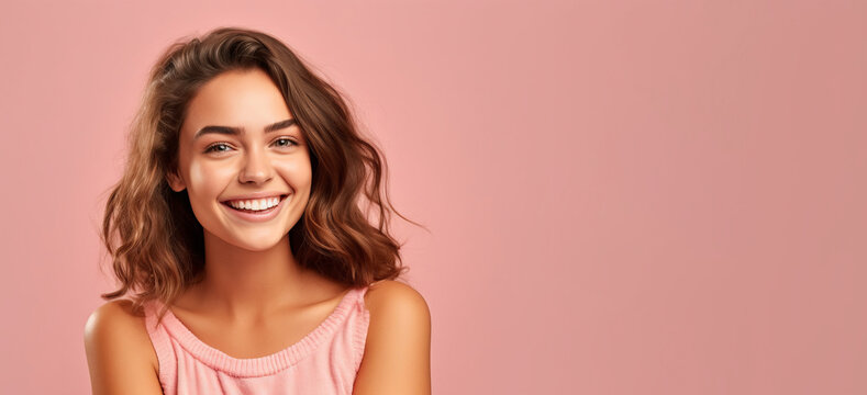 Pretty young woman smiling brightly, summer, cosmetics model, pink monochrome background - Generative Ai