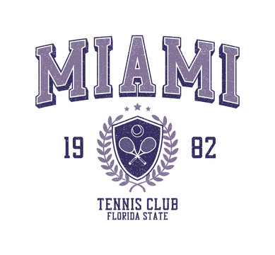 Miami, Florida tennis club t-shirt design. College style tee shirt with tennis ball, racquet and college shield. Sport apparel print. Vector illustration.