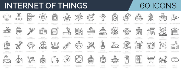 Set of 60 line icons related to IOT, internet of things, smart house, innovation. Outline icon collection. Editable stroke. Vector illustration - obrazy, fototapety, plakaty