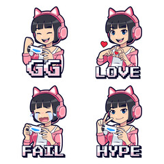 Cute pink streamer gamer girl twitch emotes and badges set