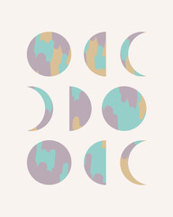 Moon phases. Crescent and full moon. Hand drawn modern vector illustration. Esoteric, occult, astrology, alchemy, boho, magical concept. Round icons. Design element. 