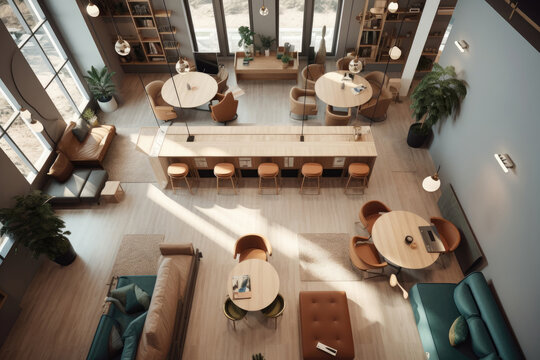 Top View Of Coworking Space With Lounge Area. Generative AI
