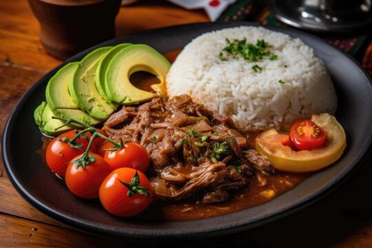Traditional Colombian Dish Served On Plate With Colombian Decorations. Generative AI