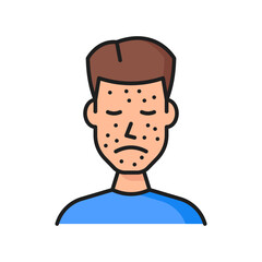 Allergy acne or urticaria color line icon. Allergic reaction, dermatology disease or skin problem caused by allergen, food or seasonal allergy symptom outline vector symbol with rash on man face