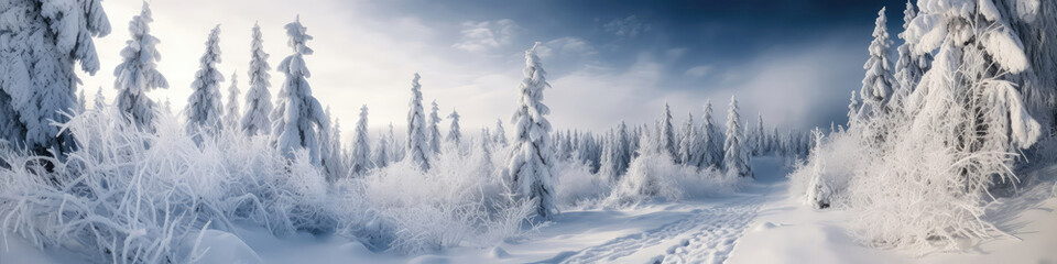 Fototapeta na wymiar Blue And White Winter Landscape Winter Snowy. Panoramic Banner. Generative AI