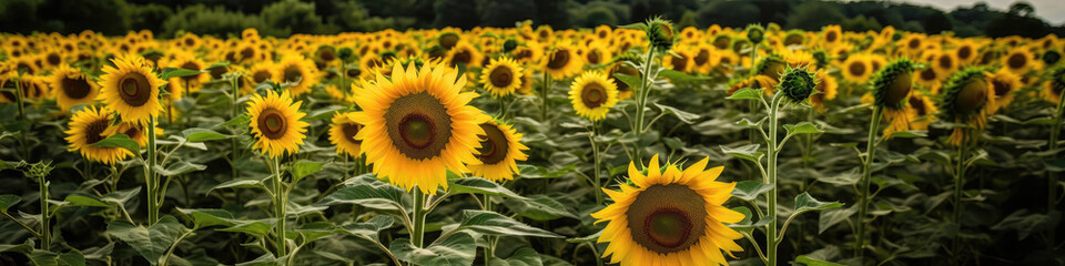Obraz premium Bright Yellow Sunflowers In Field Summer Floral Display. Panoramic Banner. Generative AI