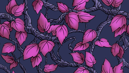 Pink leaves on intertwining vines on a dark blue background. Seamless floral pattern. © Nastia