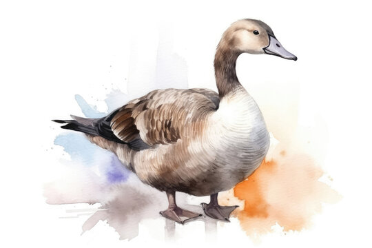 Beautiful Watercolor Drawing Goose On A White Background. Generative AI