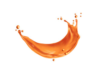 Caramel sauce wave splash, realistic liquid flow. Melted caramel, sugar dessert or toffee cream jet realistic vector splatters frozen motion. Orange sauce splay droplets or isolated splash fizz