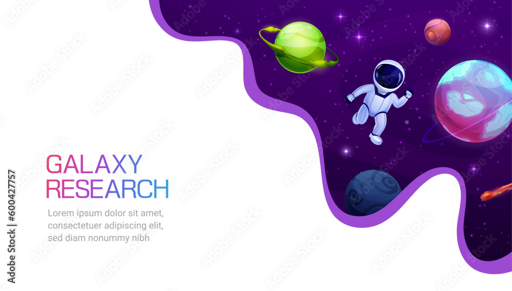 Poster galaxy research. space landing page, cartoon astronaut in outer space landscape with vector fantasy 