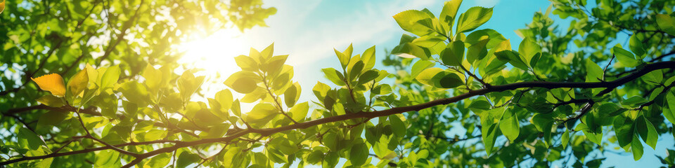 Fresh Green Leaves With Sunny Blue Sky Spring Foliage. Generative AI