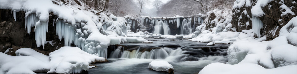 Frozen Waterfall With Snow And Ice Winter Cascade Scenery. Panoramic Banner. Generative AI