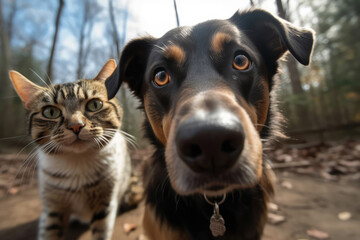Dog And Cat Nose Into Camera, Wide Angle. Generative AI