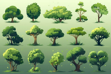 Set On A Green Background Tree In Flat Style. Generative AI