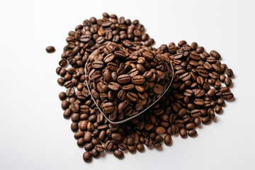 Fototapeta premium Heartshaped Coffee Beans On White Background. Generative AI