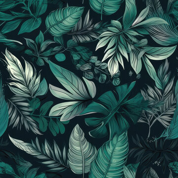 Seamless Background Green Tropical Leaves. Generative AI © Anastasiia