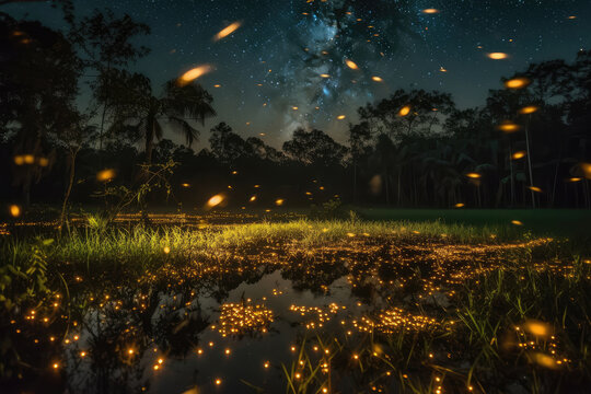 Fireflies Lighting Up Summer Night Sky. Generative AI