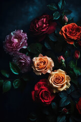 Romantic Rose Collection. Composition of Roses with Copy Space and Foliage. Love and Beauty AI Generative.

