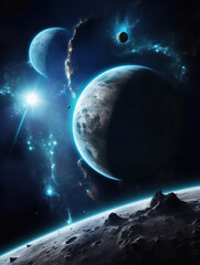 Mystic Surreal Space Landscape. Surreal landscape of the planets in space. Generative AI.