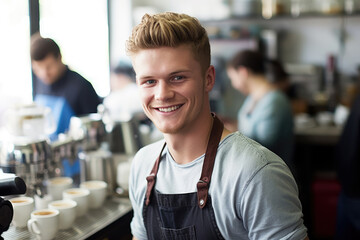 smiling Barista in a coffee shop, Generative AI